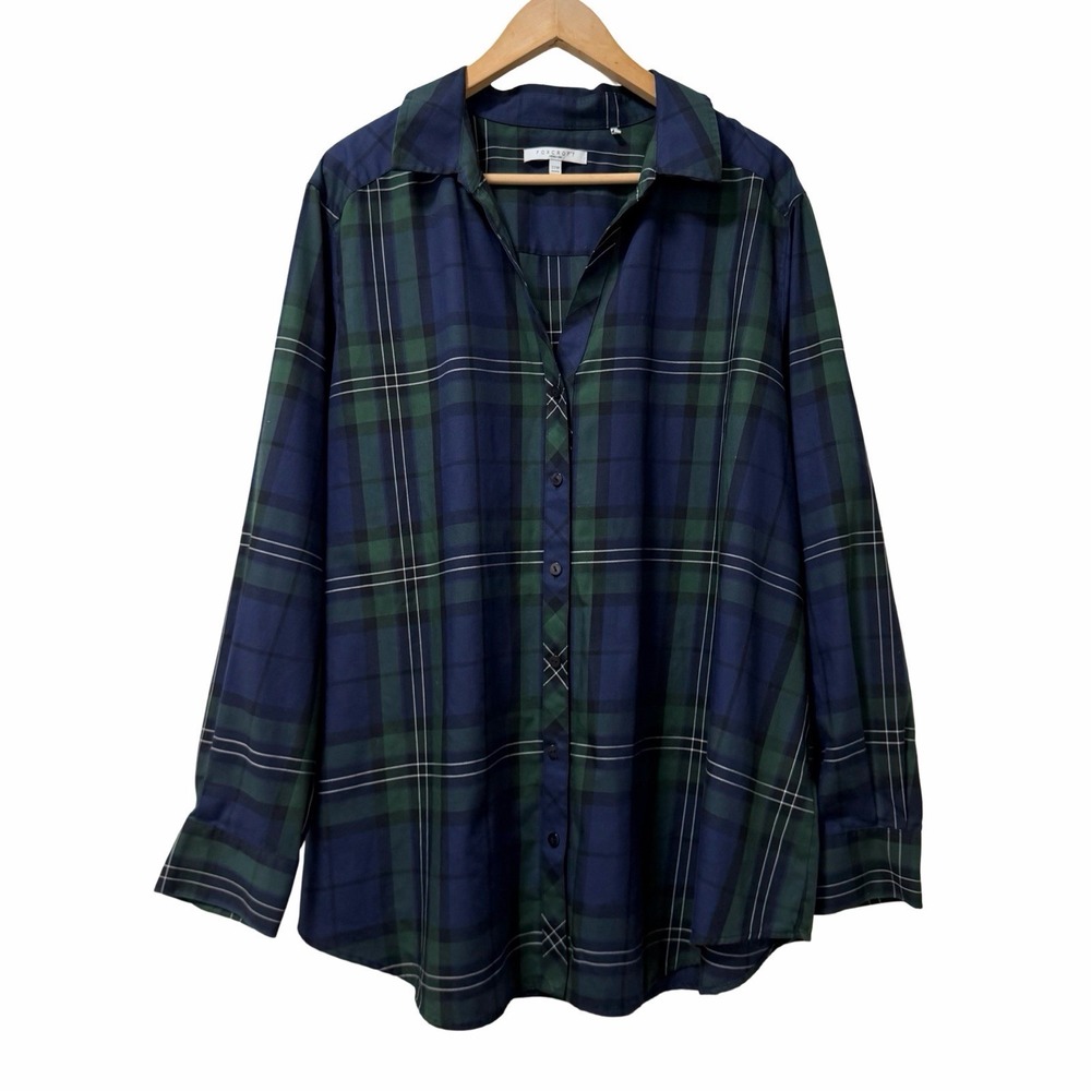 Foxcroft Womens Plaid Wrinkle Free Button Up Shirt Size 22W Navy‎ Office Career